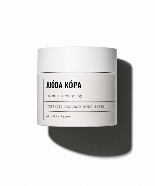 Juoda Kopa Volcanic Body Scrub with volcanic sand and botanical extracts for smooth, radiant skin.