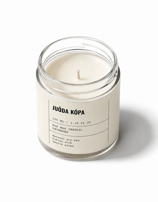 Candle in a glass jar with a label on a white background