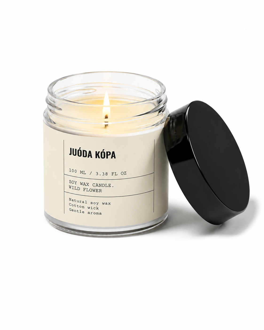 Candle in a glass jar with a label on a white background