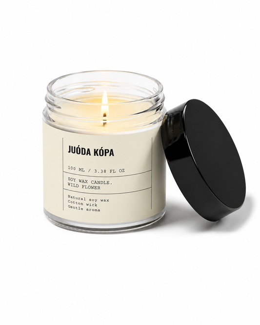 Candle in a glass jar with a label on a white background