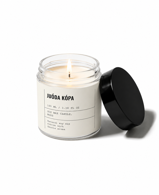 Moss candle in a glass jar with a black lid on a white background