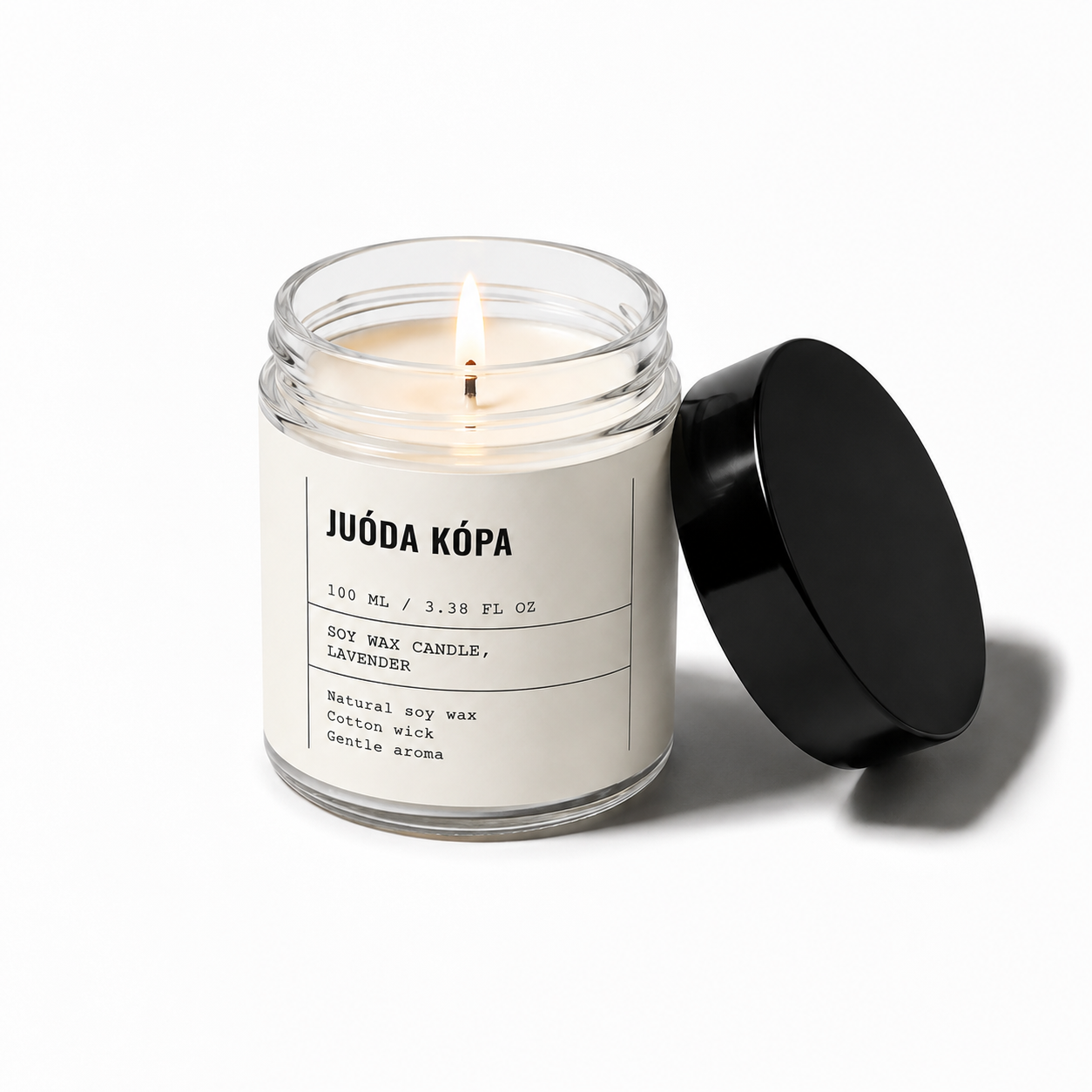 Candle in a glass jar with a label on a white background