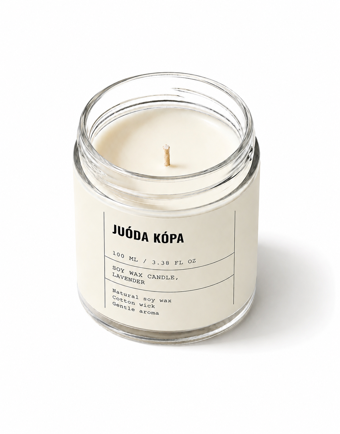 Candle in a glass jar with a label on a white background
