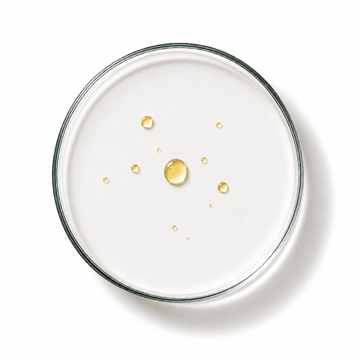 Glass plate with gold droplets on a white background