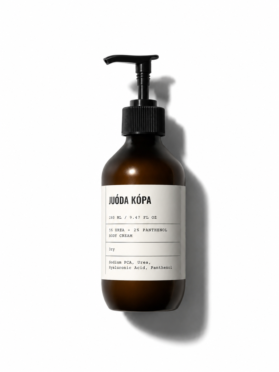 Brown bottle with pump and white label on a white background