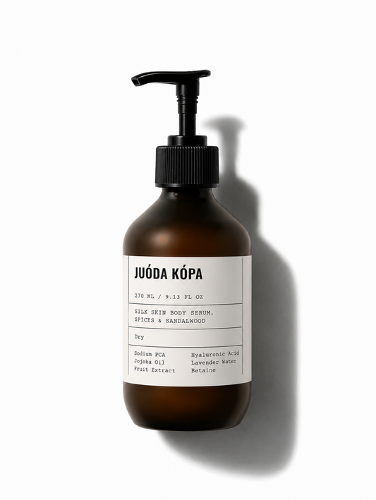Brown bottle with pump and juoda kopa label on a white background