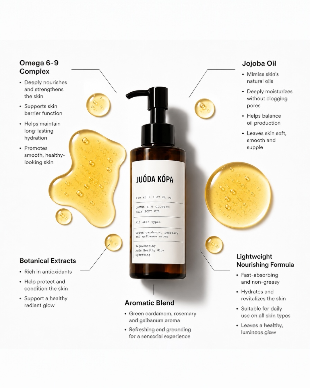 A bottle of Juóda Kópa facial wash centered on a white background with callout text bubbles describing ingredients and benefits, surrounded by gold oil droplets.
