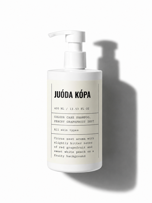 A 400 ml pump bottle of Juóda Kópa Colour Care Shampoo against a white background with a soft shadow to the right.