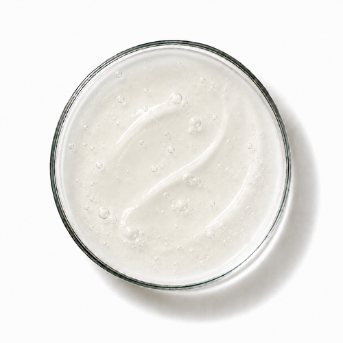 A top-down view of a clear glass bowl containing a thick, creamy white cosmetic gel or serum with visible bubbles, set against a clean white background.