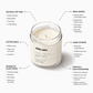 juoda kopa jar candle centered on a light gray background with callout text describing its features: natural soy wax, moss aroma, cotton wick, minimalist glass vessel, hand-poured, and calm atmosphere.