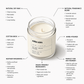 A white soy wax candle in a clear glass jar with a white label reading 'JÜDDA KÖPÆ', shown on a light gray background with surrounding callout text describing product features and scent notes.